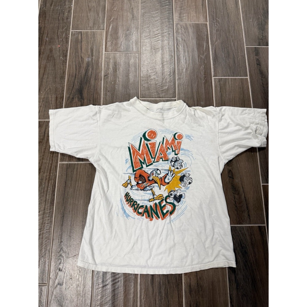 University Of Miami Football T-Shirt Men Medium White Vintage Hurricanes NCAA